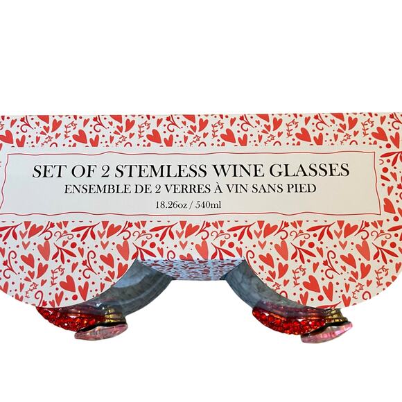 Valentines Day Jeweled HEARTS Stemless Wine Glasses Set of 2 Red & Pink New - Picture 4 of 14